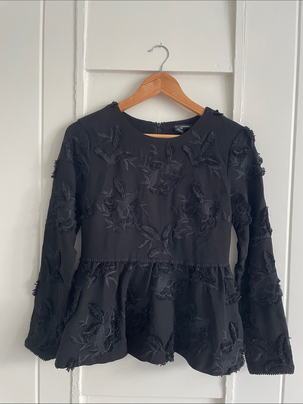 Club Monaco Black Floral Appliqué Peplum Blouse